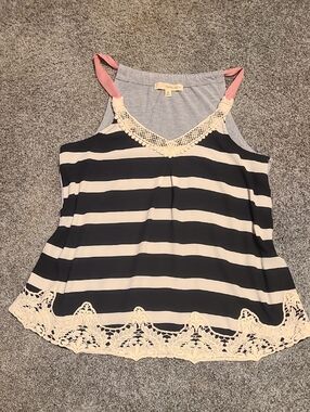 Rewind Black & Cream Striped Camisole with Pink Straps